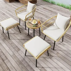 Salon de Jardin 5 Pièces, 2 Chaises, 2 Tabourets, Mobilier Extérieur pour Cours, Terrasses, Balcons, Bords Piscine, Naturel