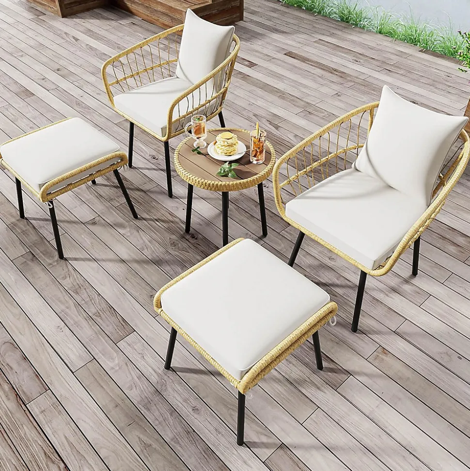 Salon de Jardin 5 Pièces, 2 Chaises, 2 Tabourets, Mobilier Extérieur pour Cours, Terrasses, Balcons, Bords Piscine, Naturel