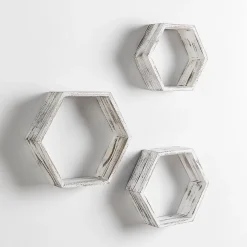 Set de 3 Etagères murales Nuno hexagonales blanc, bois de paulownia