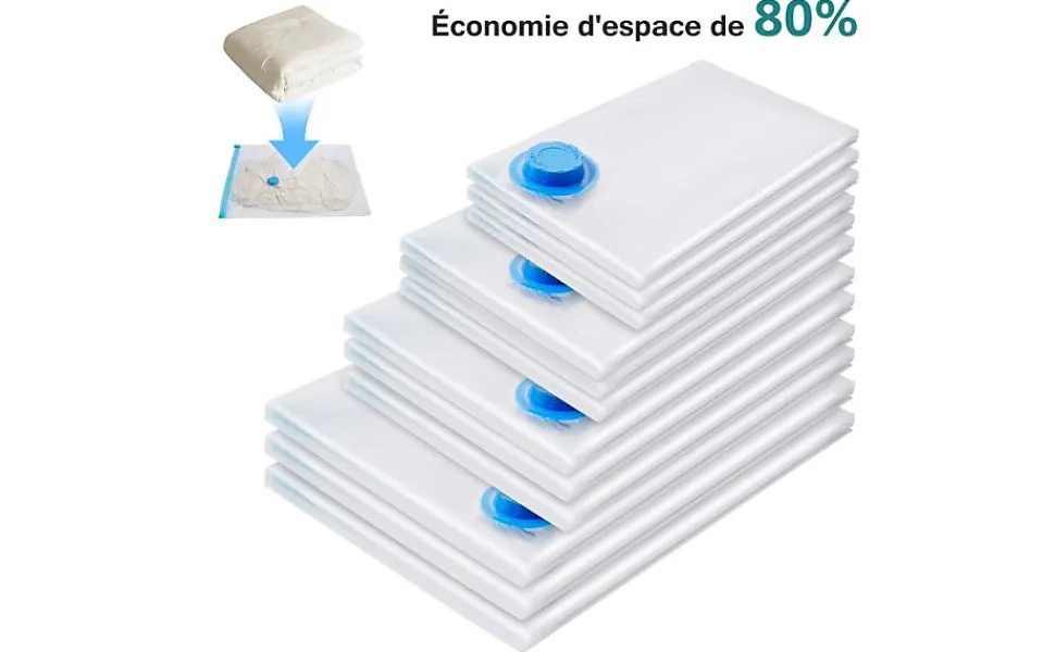 Set de 12 housses de rangement sous vide avec pompe, (3 maxi, 3L, 3M, 3S), Blanc et bleu avec pompe
