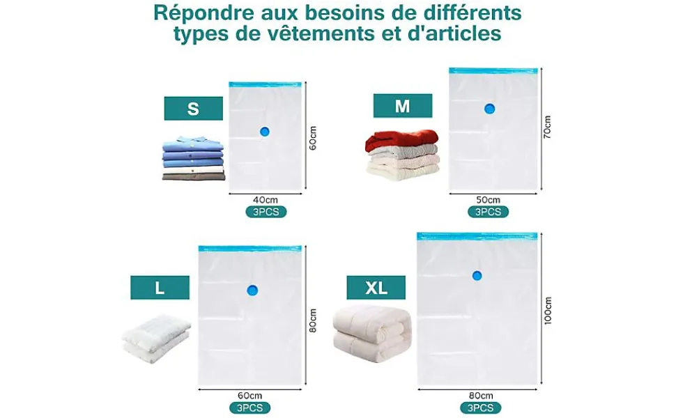 Set de 12 housses de rangement sous vide avec pompe, (3 maxi, 3L, 3M, 3S), Blanc et bleu avec pompe