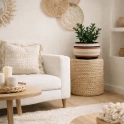 Set de 3 paniers bas rayés en herbes marines marron et beige