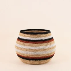 Set de 3 paniers bas rayés en herbes marines marron et beige