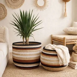 Set de 3 paniers bas rayés en herbes marines marron et beige