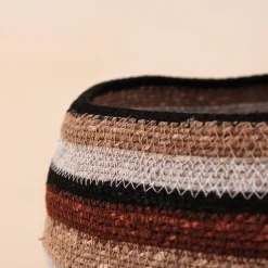 Set de 3 paniers bas rayés en herbes marines marron et beige