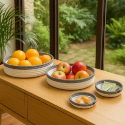 Set de 4 paniers en corde gris et blanc