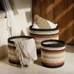 Set de 3 paniers rayé beige, marron en herbes marines