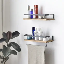 Set de 2 étagères murales Xavi avec porte-serviettes, bois de pin