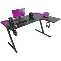 Shigeru - Bureau Gaming d'Angle 140x99x76 cm avec LED en MDF et Métal Noir
