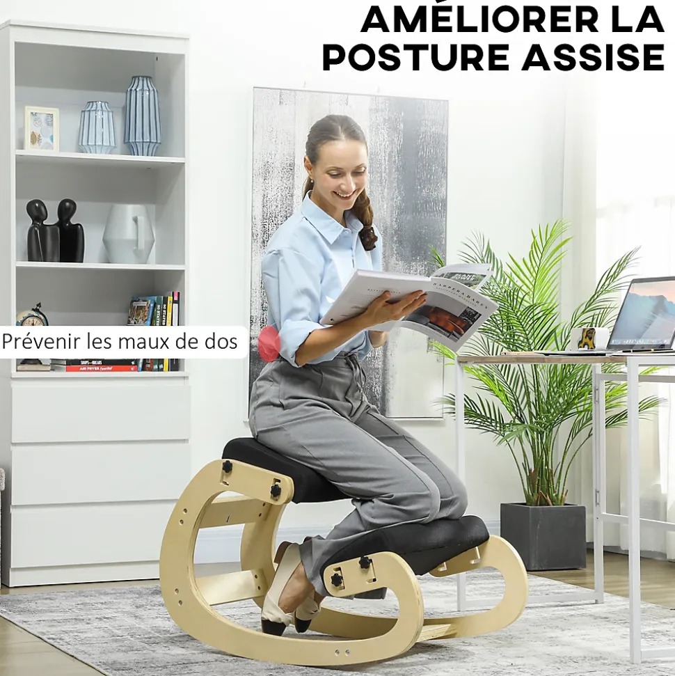 Siège ergonomique - siège assis-genoux - chaise assis genoux grand confort - bois bouleau tissu noir