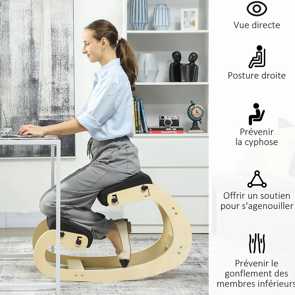 Siège ergonomique - siège assis-genoux - chaise assis genoux grand confort - bois bouleau tissu noir