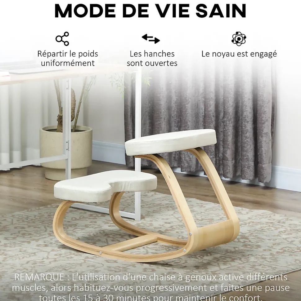 Siège ergonomique - siège assis-genoux - chaise assis genoux grand confort - bois bouleau tissu beige clair