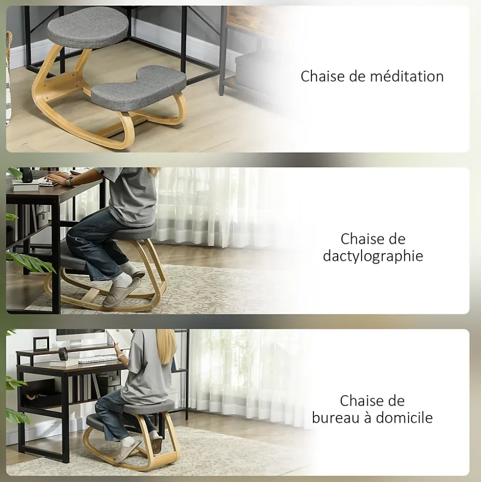 Siège ergonomique - siège assis-genoux - chaise assis genoux grand confort - bois bouleau tissu gris