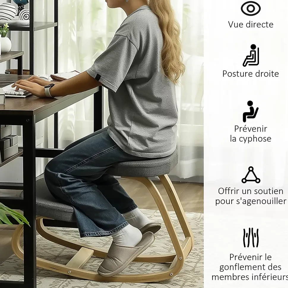 Siège ergonomique - siège assis-genoux - chaise assis genoux grand confort - bois bouleau tissu gris