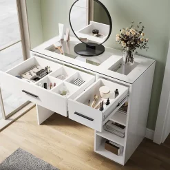 SIRHONA Coiffeuse Blanche 90x44x77cm + Bureau Multi-fonctions + Rangement Spacieux + Plateau en verre