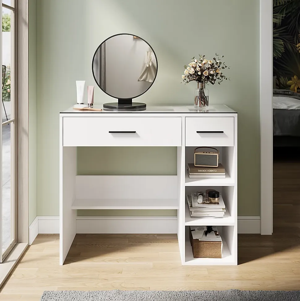 SIRHONA Coiffeuse Blanche 90x44x77cm + Bureau Multi-fonctions + Rangement Spacieux + Plateau en verre