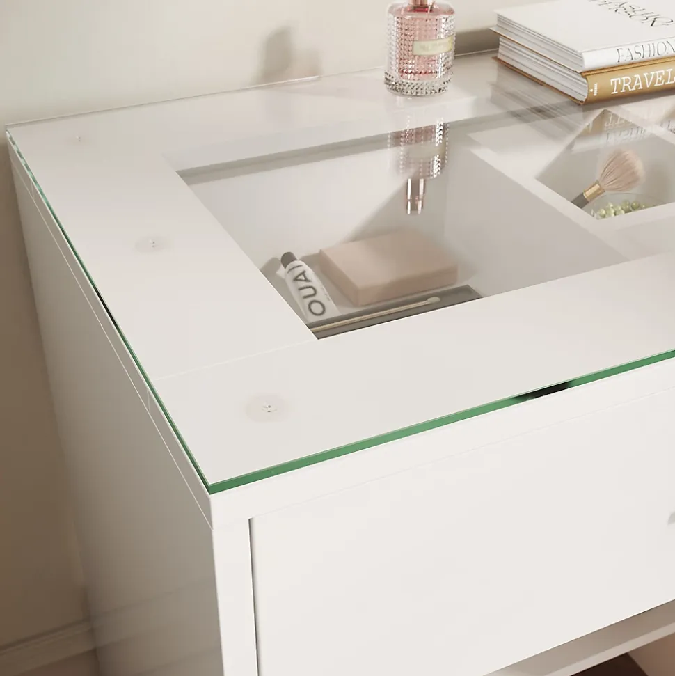 SIRHONA Coiffeuse Blanche 90x44x77cm + Bureau Multi-fonctions + Rangement Spacieux + Plateau en verre