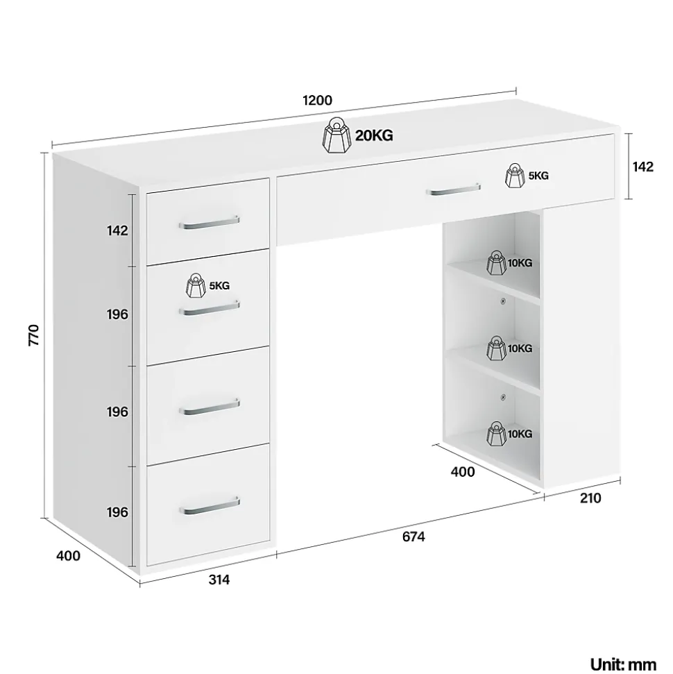 SIRHONA Coiffeuse Blanche 120x40x75cm + Bureau multifonctionnel + Espace de Rangement Extra + Avec Tiroirs de Cloison