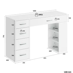SIRHONA Ensemble de Maquillage - 1x Coiffeuse Blanche 120x40x75cm + 2x Etagère de Rangement 160x58x30cm + 1x Miroir LED 58x45x12cm