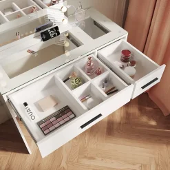 SIRHONA Ensemble de Maquillage - 1x Coiffeuse Blanche 90x44x77cm + 1x Etagère de rangement 160x58x30cm + 1x Miroir LED 58x45x12cm