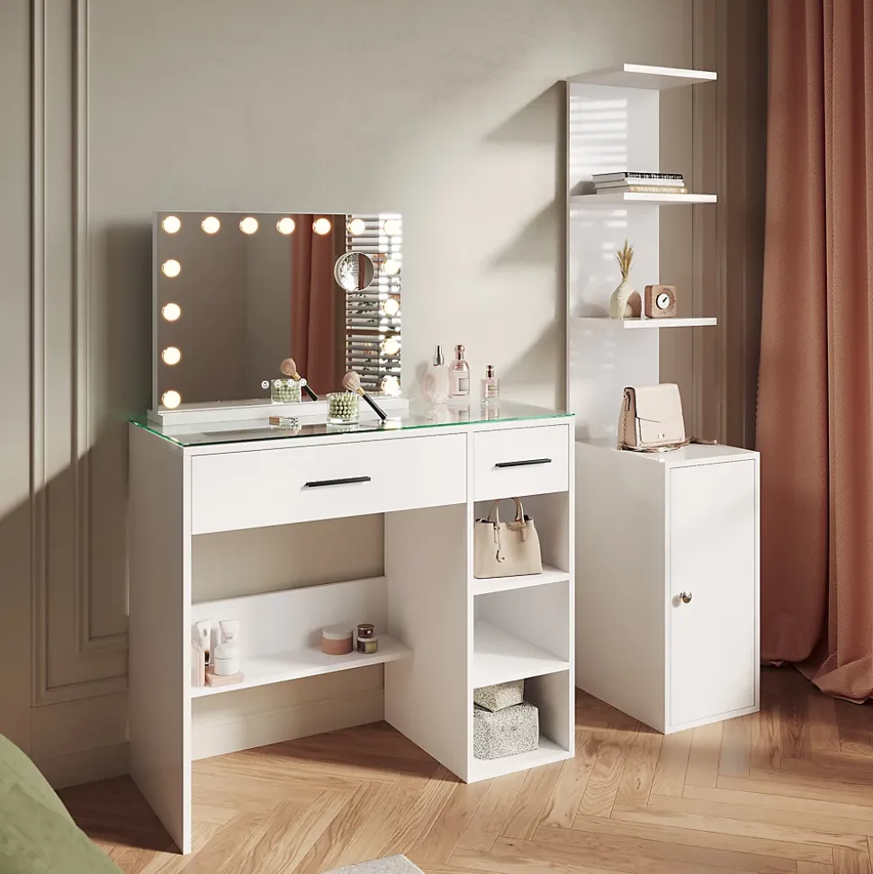 SIRHONA Ensemble de Maquillage - 1x Coiffeuse Blanche 90x44x77cm + 1x Etagère de rangement 160x58x30cm + 1x Miroir LED 58x45x12cm