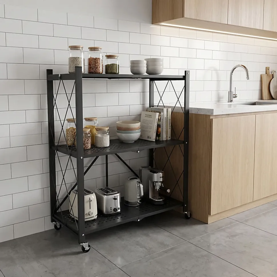 Smithers - Étagère Chariot Pliable Gain de Place 72x90x33,5 cm, 3 Niveaux, Repliable en Métal Noir
