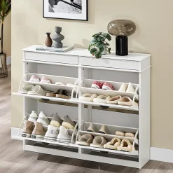 SoBuy Armoire à Chaussures 4 Portes, Range 16 Paires Effet Bois Vieilli Blanc