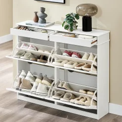 SoBuy Armoire à Chaussures 4 Portes, Range 16 Paires Effet Bois Vieilli Blanc