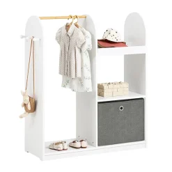 SoBuy Armoire Enfant avec Portant, 3 Étagères, Panier en Tissu et 3 Crochets Blancs