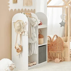 SoBuy Armoire Enfant avec Portant, 3 Étagères, Panier en Tissu et 3 Crochets Blancs