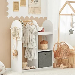 SoBuy Armoire Enfant avec Portant, 3 Étagères, Panier en Tissu et 3 Crochets Blancs
