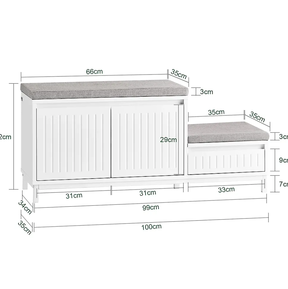 SoBuy Banc d'Entrée avec 2 Coussins, 2 Portes et Tiroir - Blanc - 100x35x42cm - FSR172-W