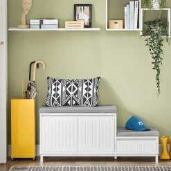 SoBuy Banc d'Entrée avec 2 Coussins, 2 Portes et Tiroir - Blanc - 100x35x42cm - FSR172-W