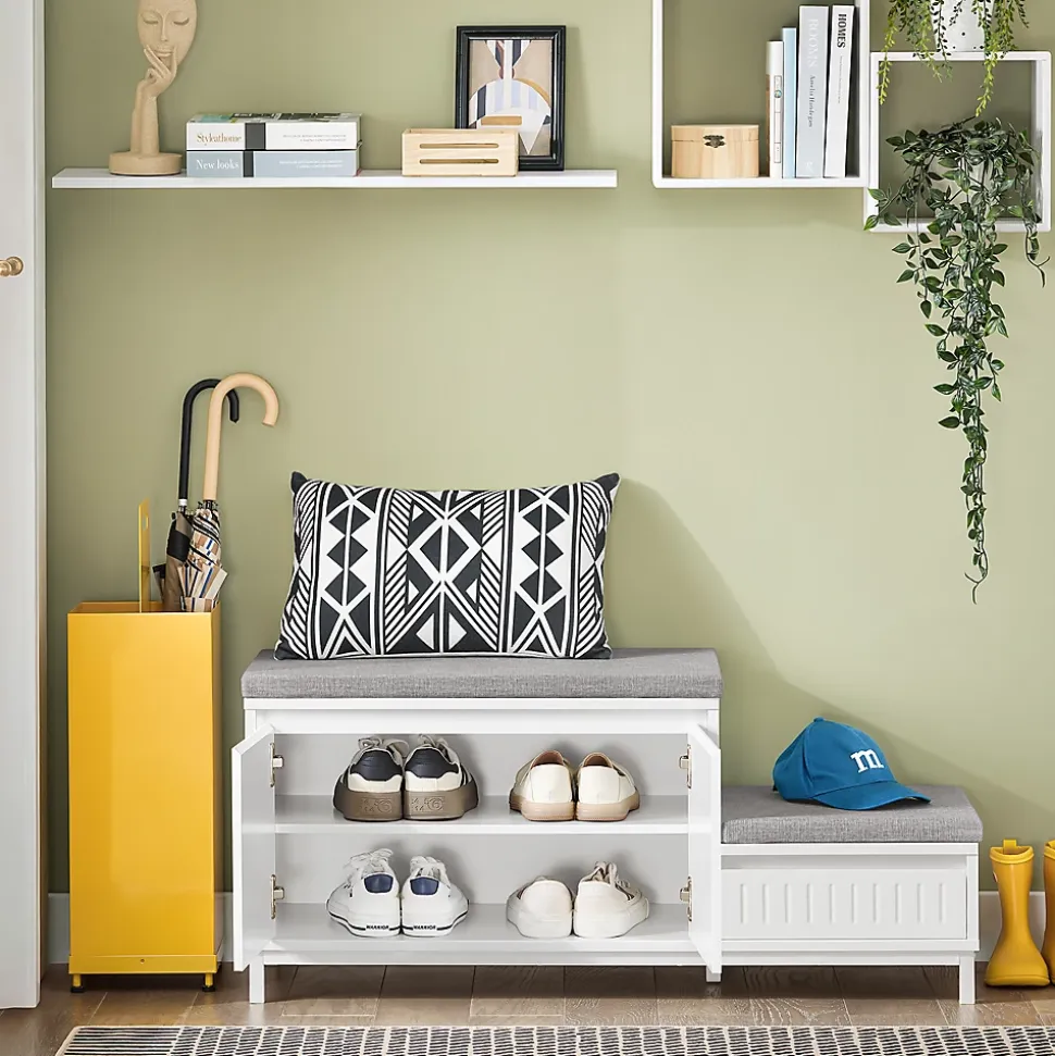 SoBuy Banc d'Entrée avec 2 Coussins, 2 Portes et Tiroir - Blanc - 100x35x42cm - FSR172-W