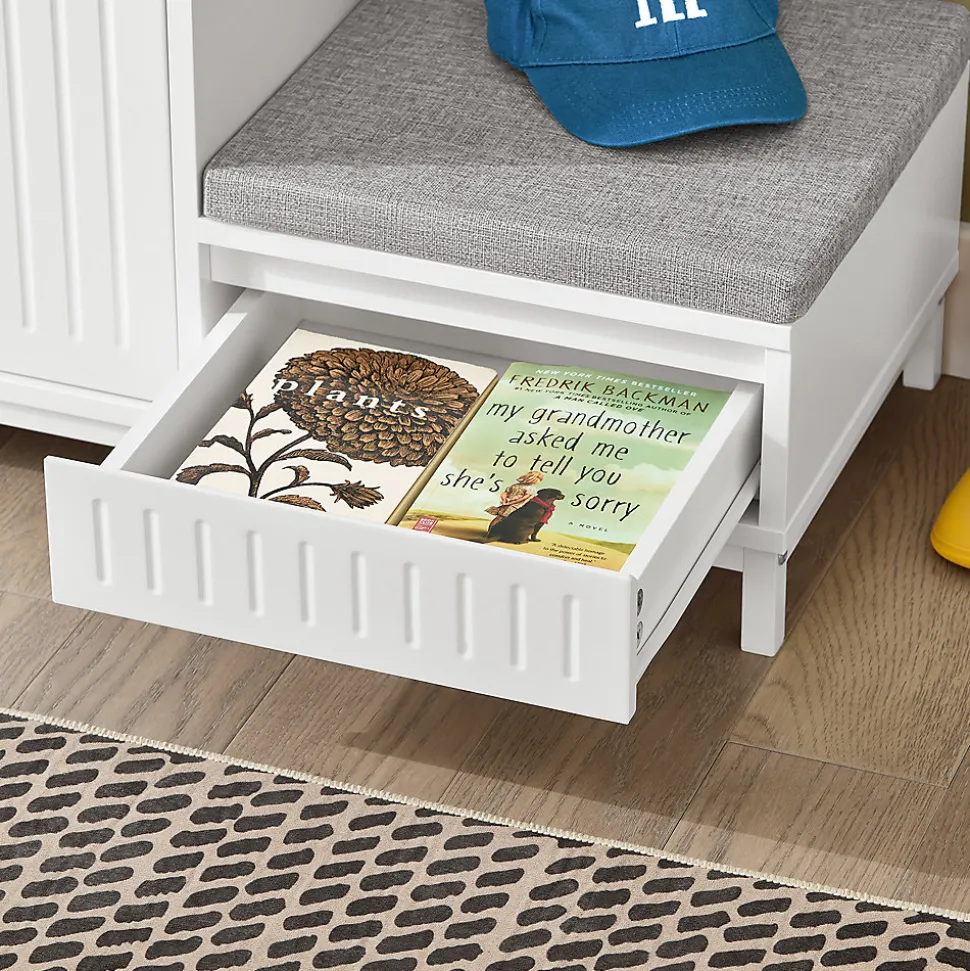 SoBuy Banc d'Entrée avec 2 Coussins, 2 Portes et Tiroir - Blanc - 100x35x42cm - FSR172-W