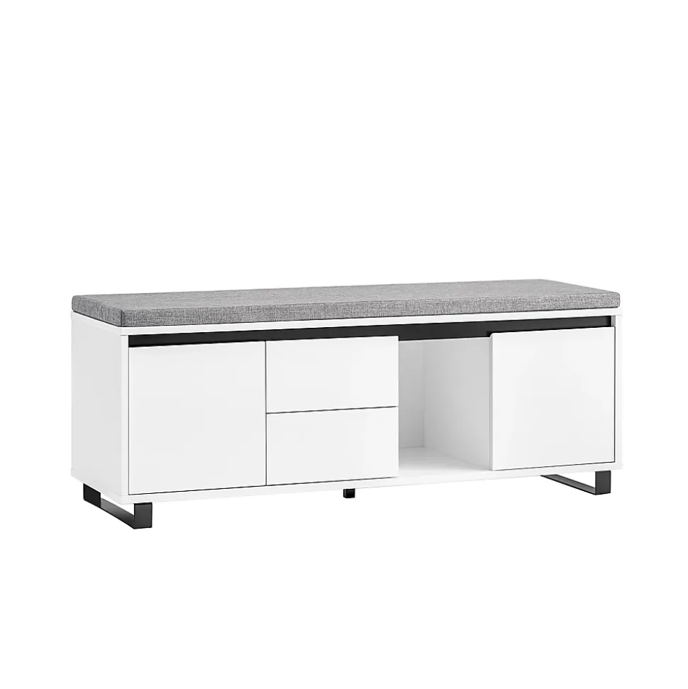 SoBuy Banc d'Entrée avec Coussin, 2 Tiroirs et 2 Portes, Blanc, 110x35x42 cm, FSR176-W