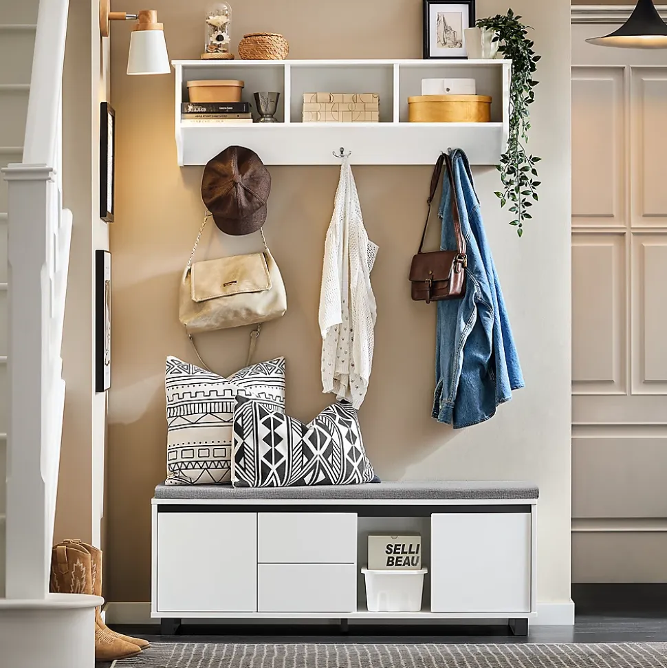 SoBuy Banc d'Entrée avec Coussin, 2 Tiroirs et 2 Portes, Blanc, 110x35x42 cm, FSR176-W