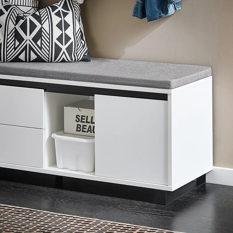 SoBuy Banc d'Entrée avec Coussin, 2 Tiroirs et 2 Portes, Blanc, 110x35x42 cm, FSR176-W