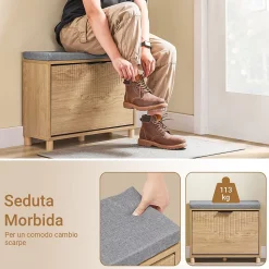 SoBuy Banc d'Entrée avec Coussin et Rangement Caché pour Chaussures, en Bois, 60x24x50cm, FSR199-N