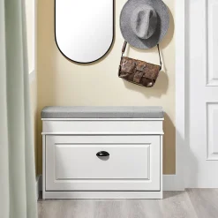 SoBuy Banc d'Entrée avec Rangement à Abattant, Coussin, Bois Vieilli Blanc 75x24x51cm 180kg