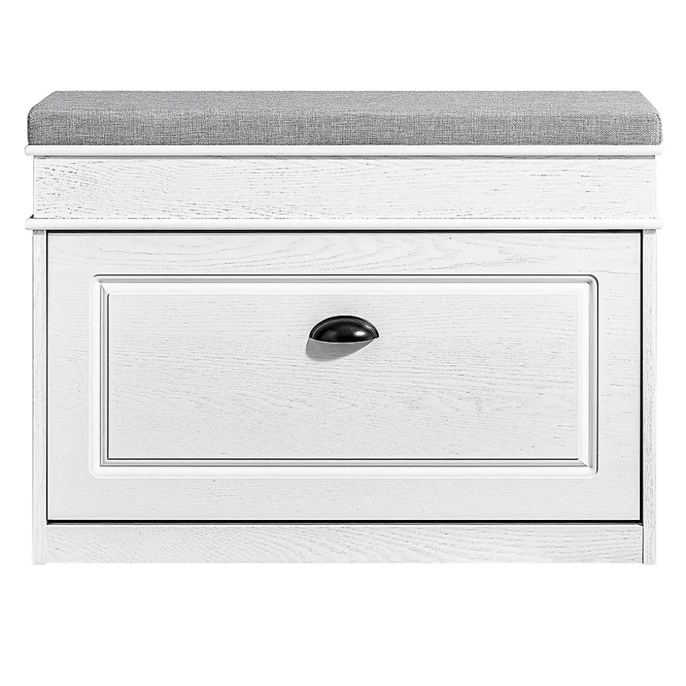 SoBuy Banc d'Entrée avec Rangement à Abattant, Coussin, Bois Vieilli Blanc 75x24x51cm 180kg
