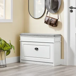 SoBuy Banc d'Entrée avec Rangement à Abattant, Coussin, Bois Vieilli Blanc 75x24x51cm 180kg