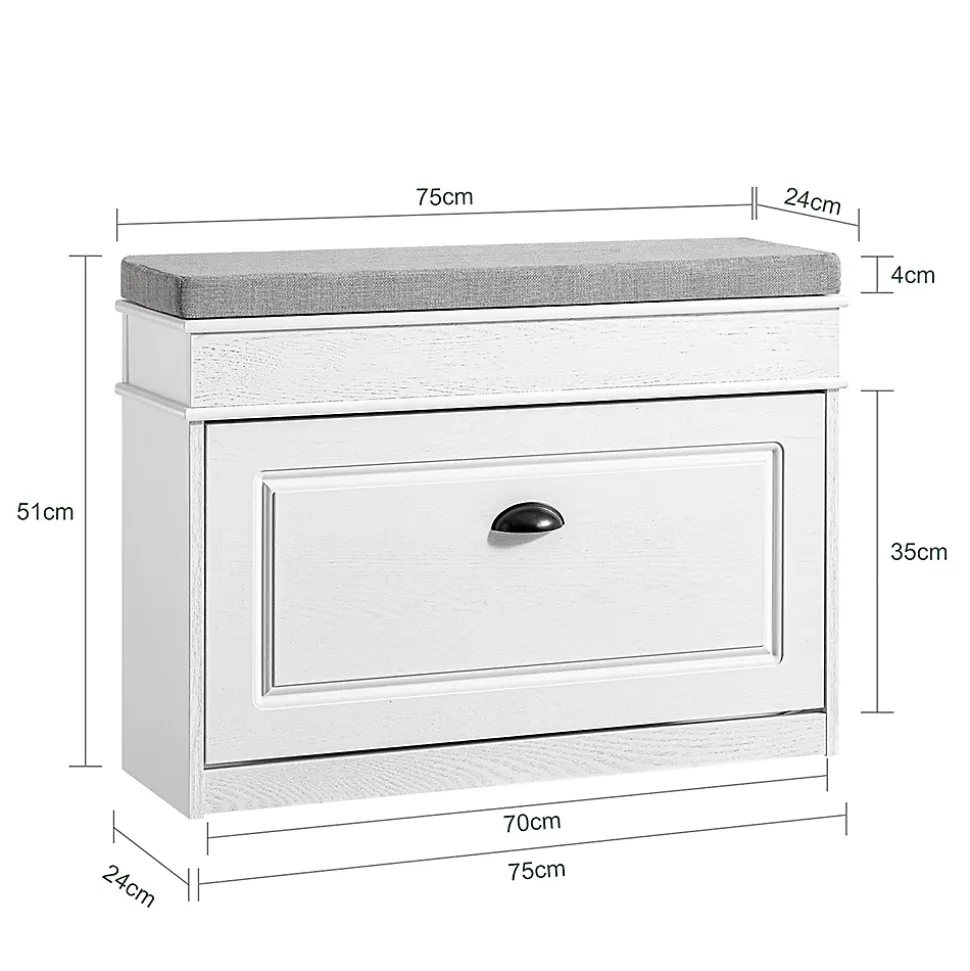 SoBuy Banc d'Entrée avec Rangement à Abattant, Coussin, Bois Vieilli Blanc 75x24x51cm 180kg