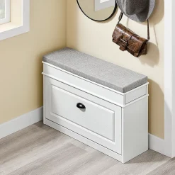 SoBuy Banc d'Entrée avec Rangement à Abattant, Coussin, Bois Vieilli Blanc 75x24x51cm 180kg
