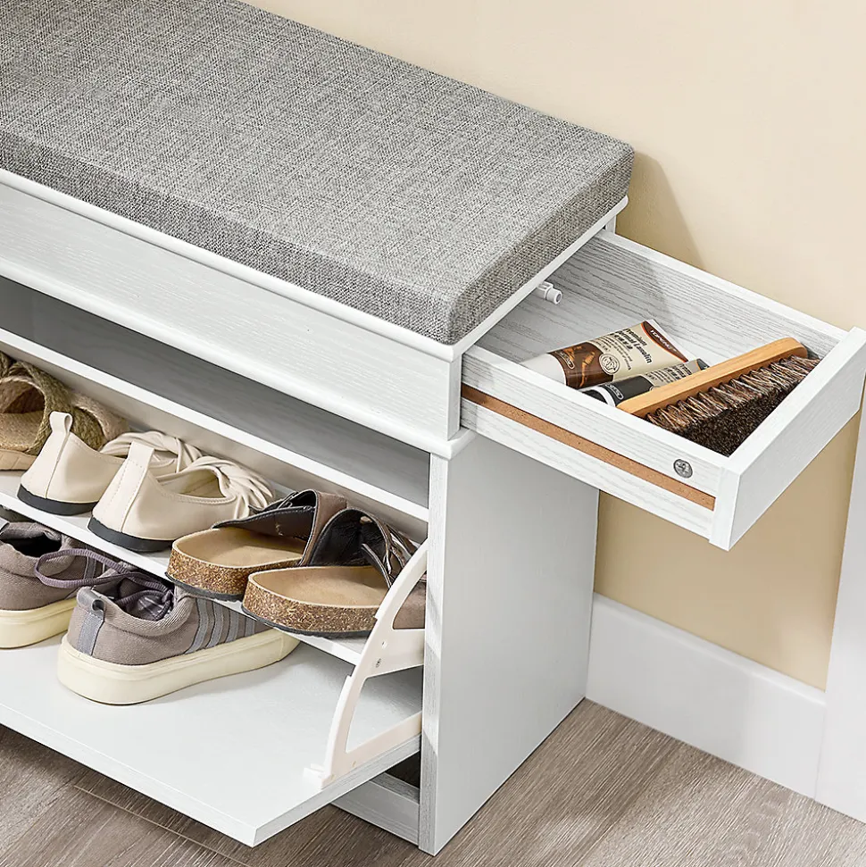 SoBuy Banc d'Entrée avec Rangement Abattant, Coussin et Bois Vieilli Blanc 61x24x51cm