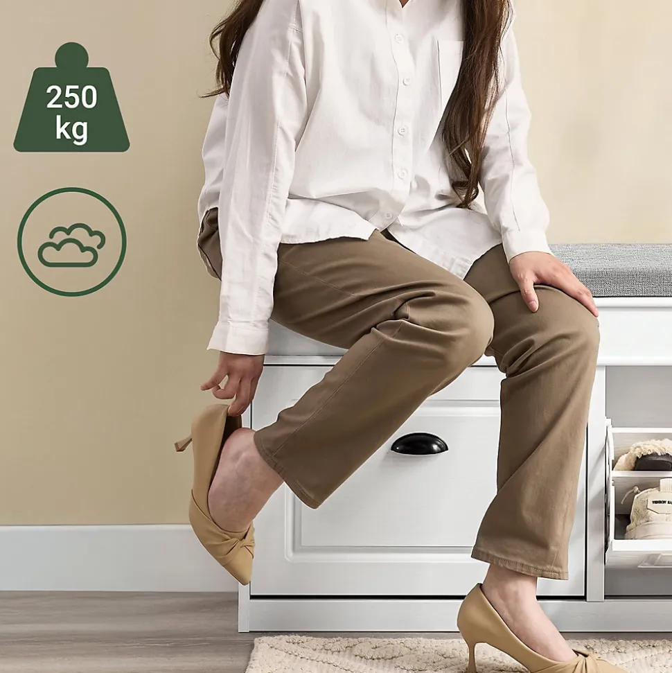 SoBuy Banc Rangement Chaussures 2 Abattants avec Coussin Amovible Effet Bois Vieilli Blanc