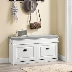 SoBuy Banc Rangement Chaussures 2 Abattants avec Coussin Amovible Effet Bois Vieilli Blanc