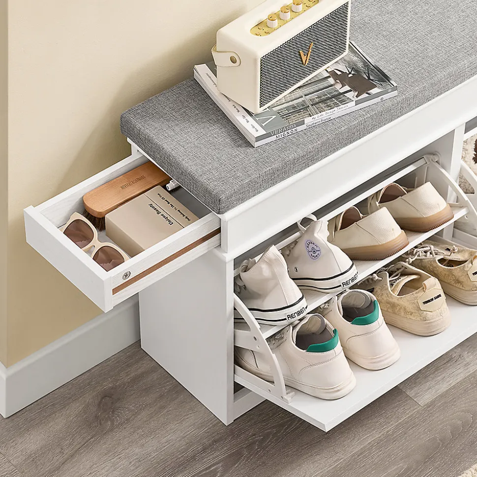 SoBuy Banc Rangement Chaussures 2 Abattants avec Coussin Amovible Effet Bois Vieilli Blanc