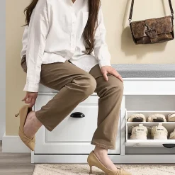 SoBuy Banc Rangement Chaussures 2 Abattants avec Coussin Amovible Effet Bois Vieilli Blanc