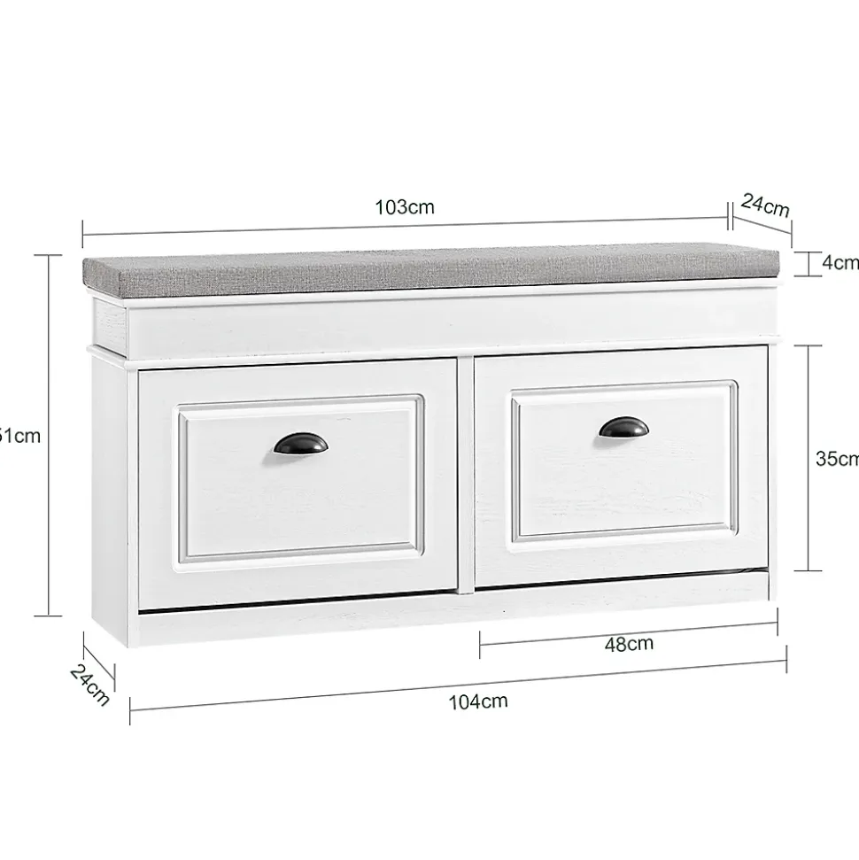 SoBuy Banc Rangement Chaussures 2 Abattants avec Coussin Amovible Effet Bois Vieilli Blanc